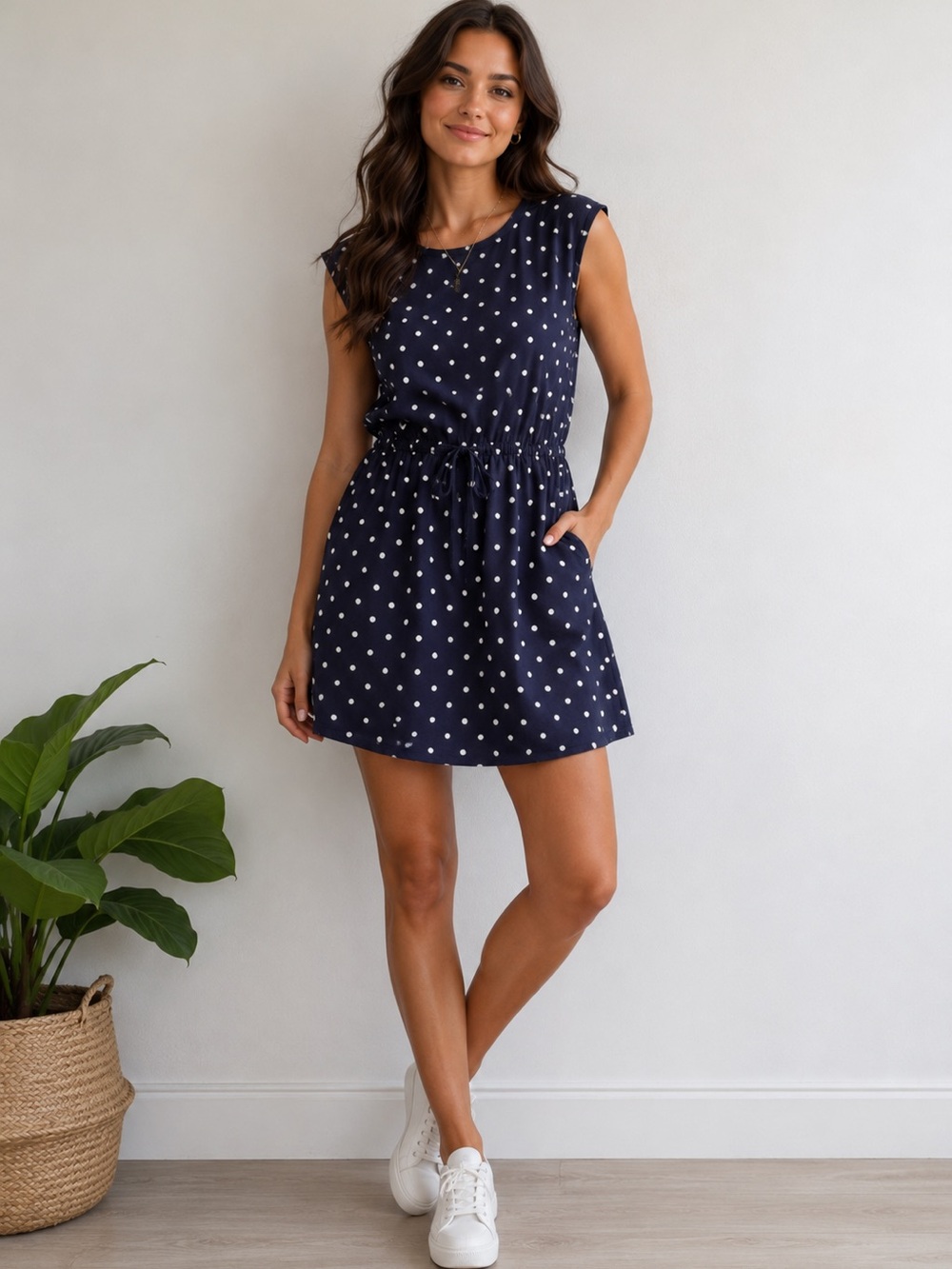 Navy Polka Dot Drawstring shirt dress by Only